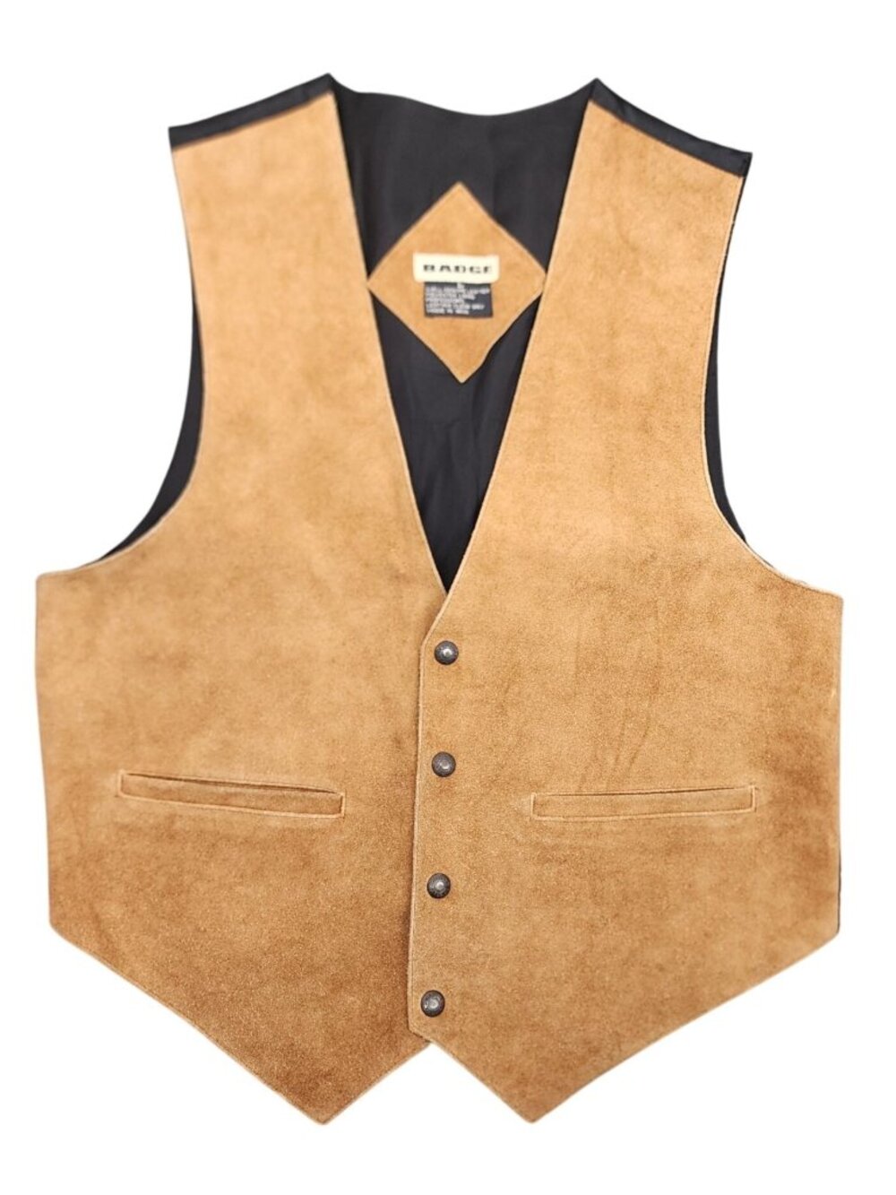 Vintage Badge Suede Leather Western Cowboy Rodeo Vest Snaps Large Brown Black